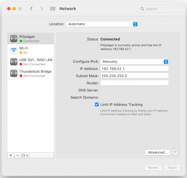 A screenshot of the IPv4 properties window with the IP address set to 192.168.42.1 and the subnet mask set to 255.255.255.0.