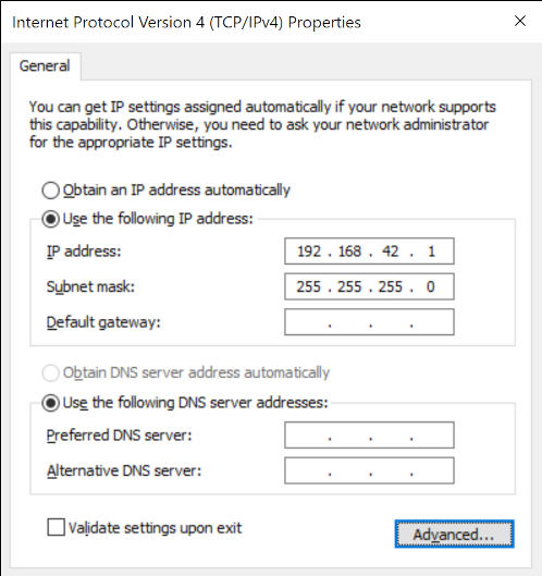 A screenshot of the IPv4 properties window with the IP address set to 192.168.42.1 and the subnet mask set to 255.255.255.0.